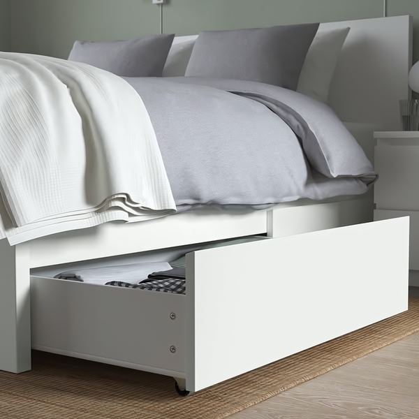 storage bed, bed with drawers, platform bed, bedroom furniture, white bed frame, product demo, lifestyle, calm, neutral